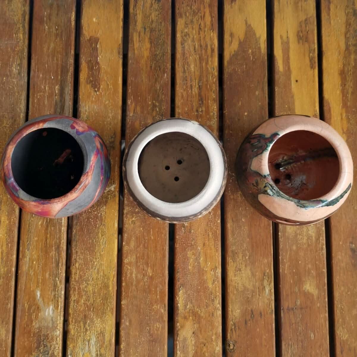 Tsuchi Ceramic Raku Pottery Planter Pots by RAAQUU: Set of 3 mixed finish, earthy tones.